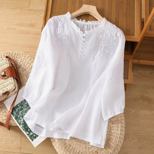 Geborduurde damesblouse met 3/4-mouwen