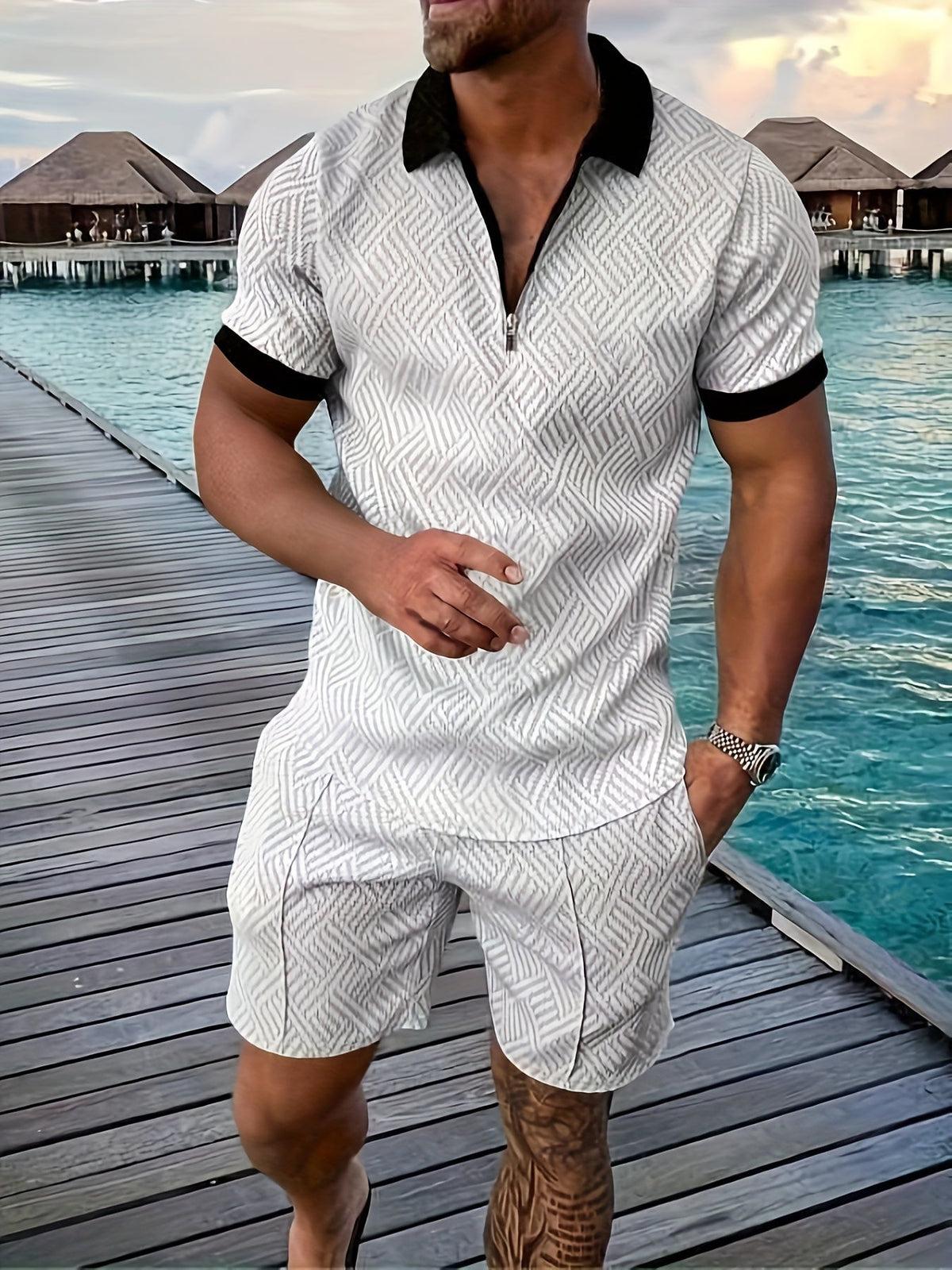 Gestructureerde herenset van poloshirt met korte rits en shorts