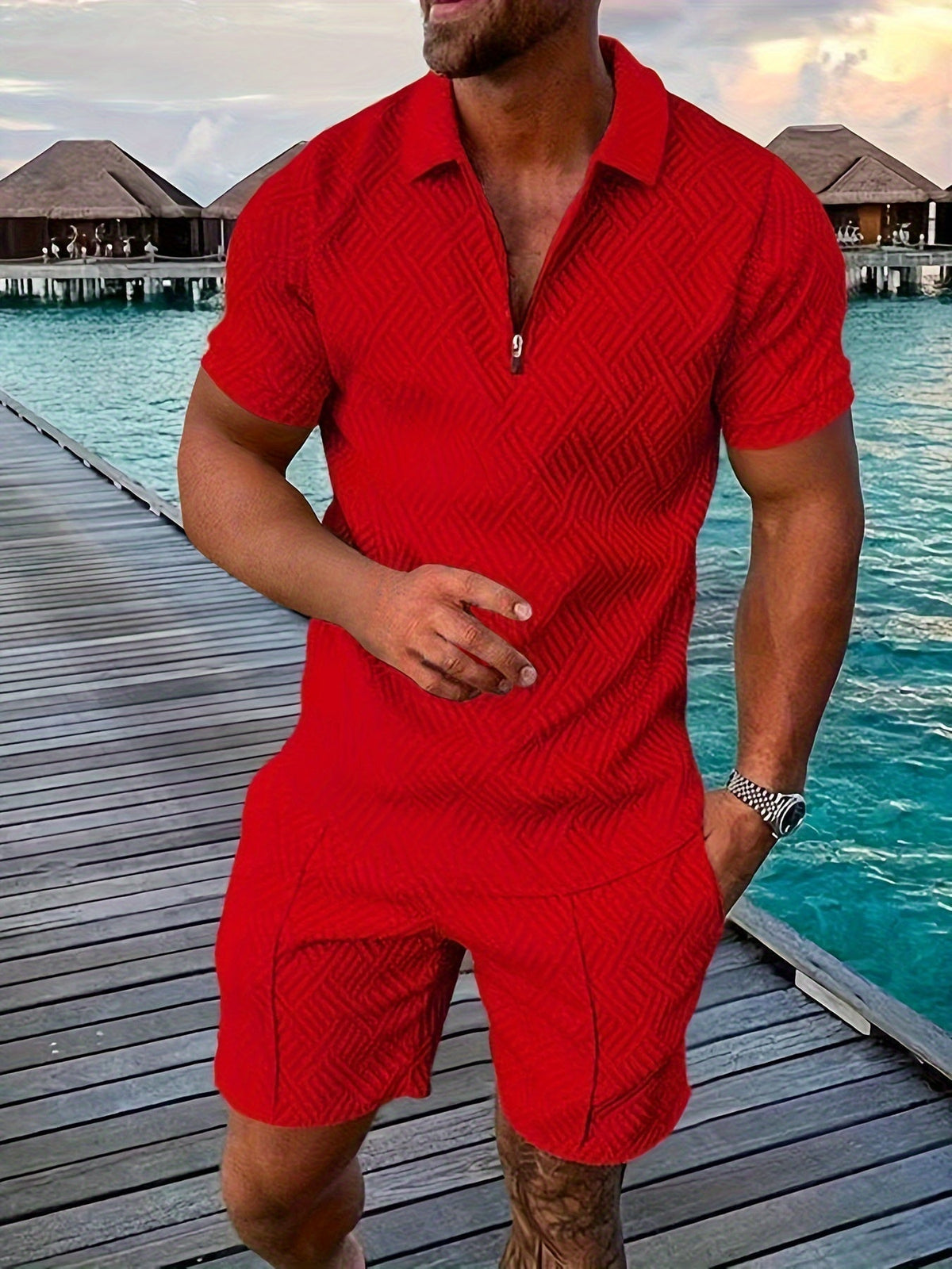 Gestructureerde herenset van poloshirt met korte rits en shorts
