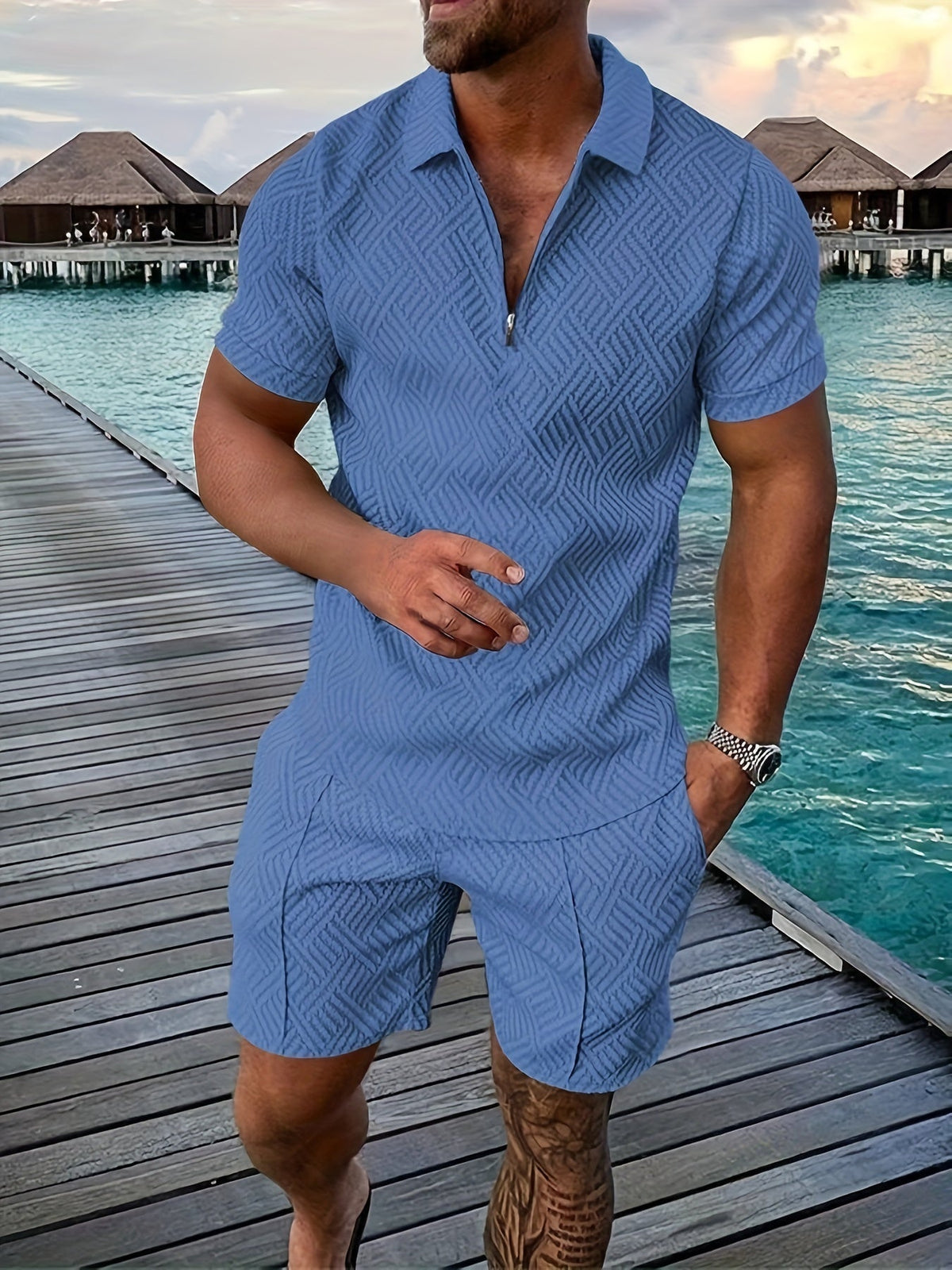 Gestructureerde herenset van poloshirt met korte rits en shorts