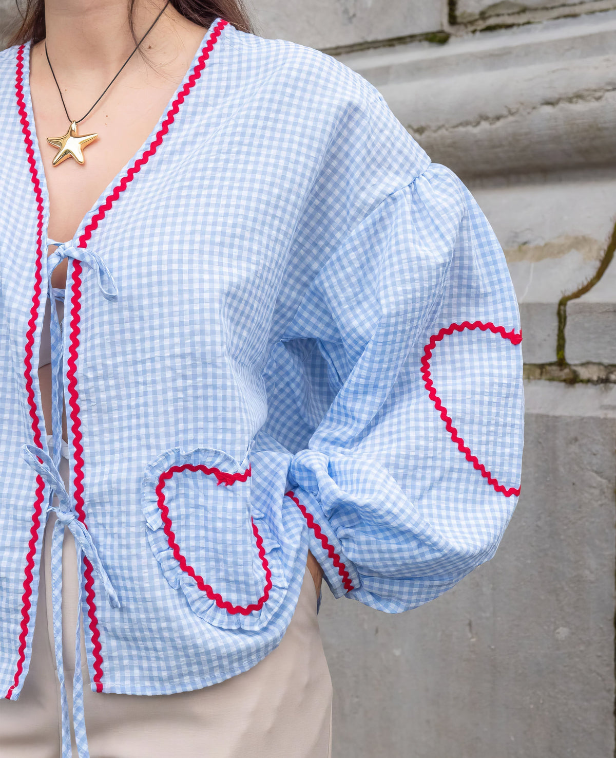 Gingham geruite damesblouse met open voorkant