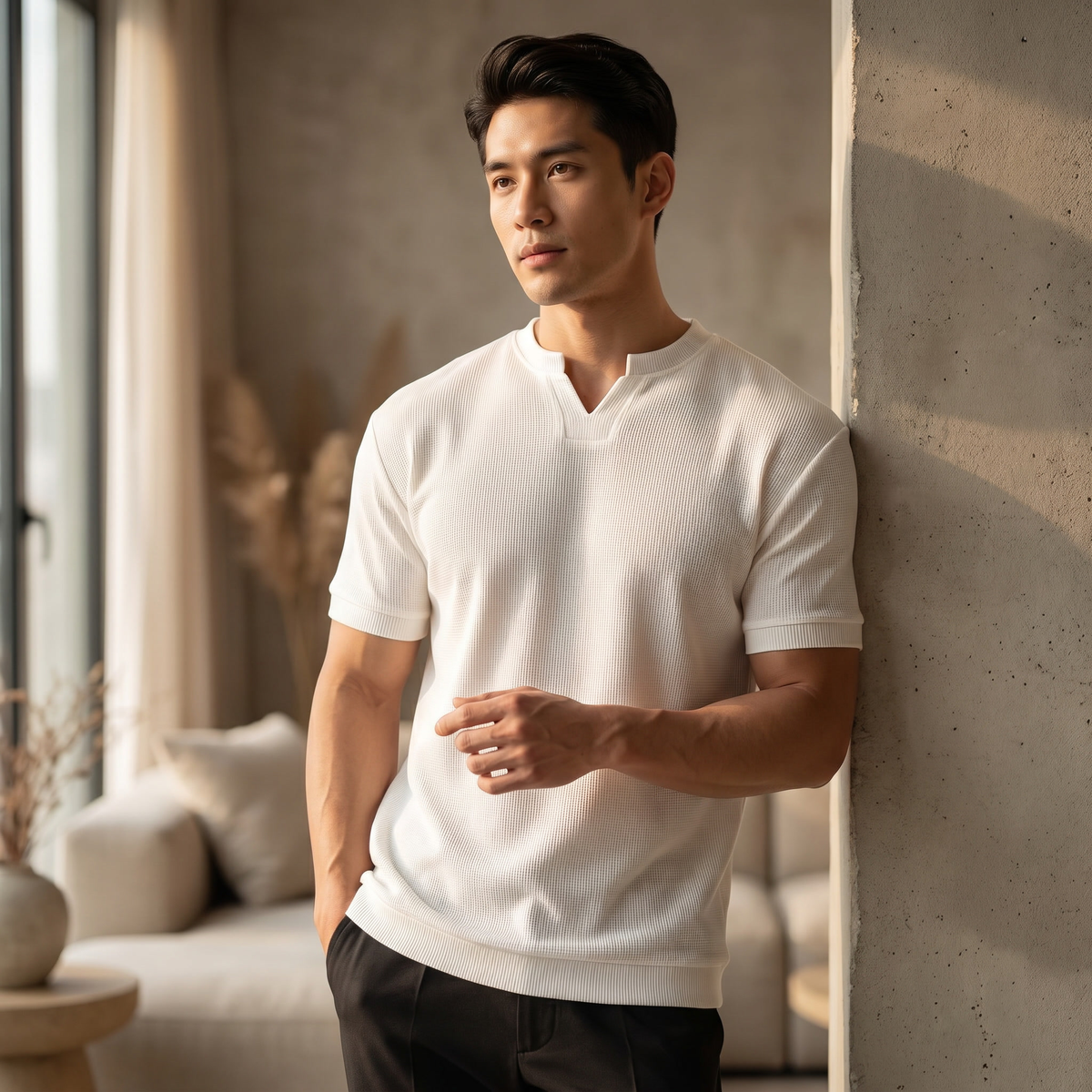 Heren T-shirt van katoenmix met V-hals | Lichte casual zomertop
