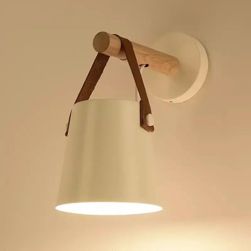 Houten en leren Scandinavische wandlamp | Hangende nachtkastlamp