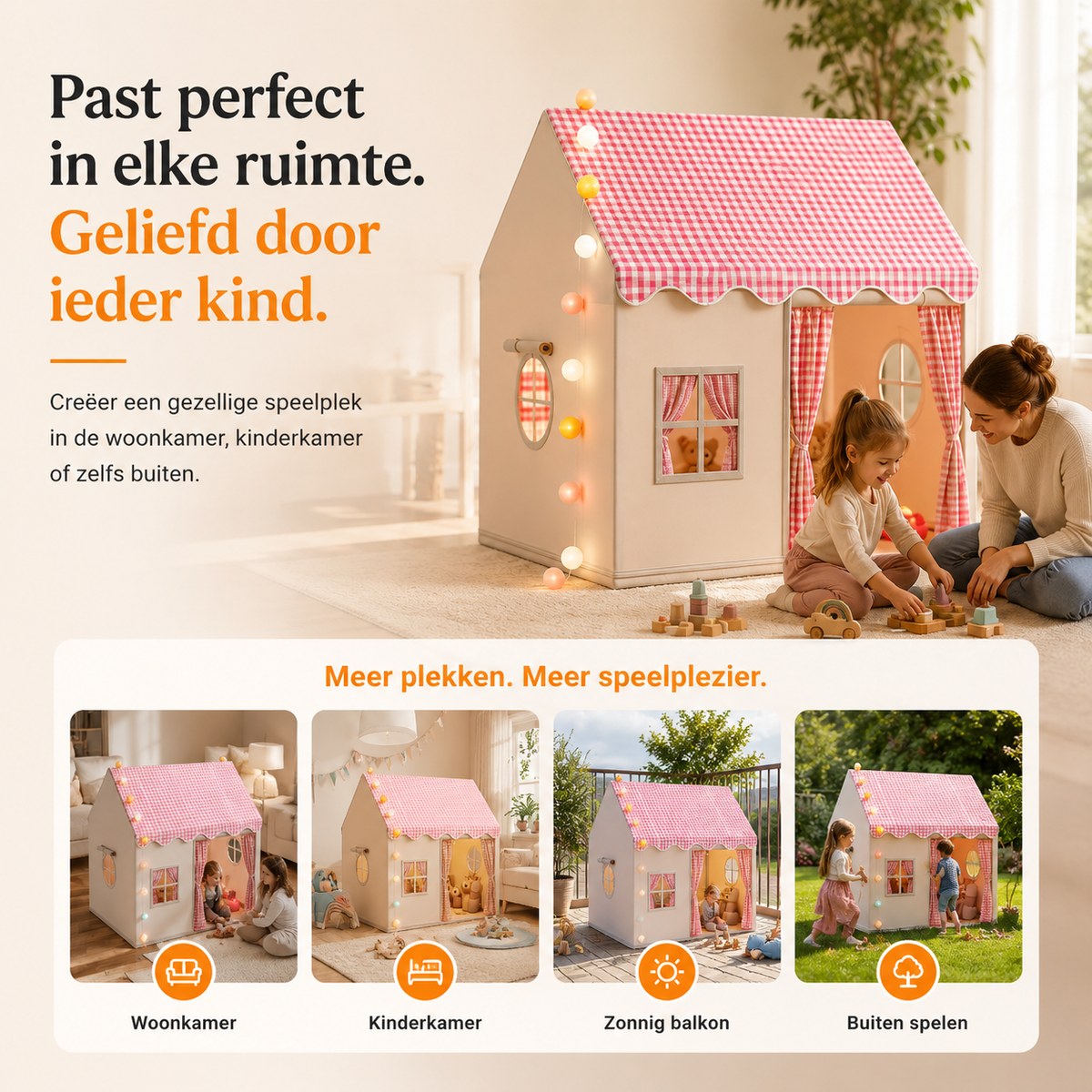 Kasteel speeltent – met lichtsnoer, 128 cm hoog, verkrijgbaar in 3 kleuren