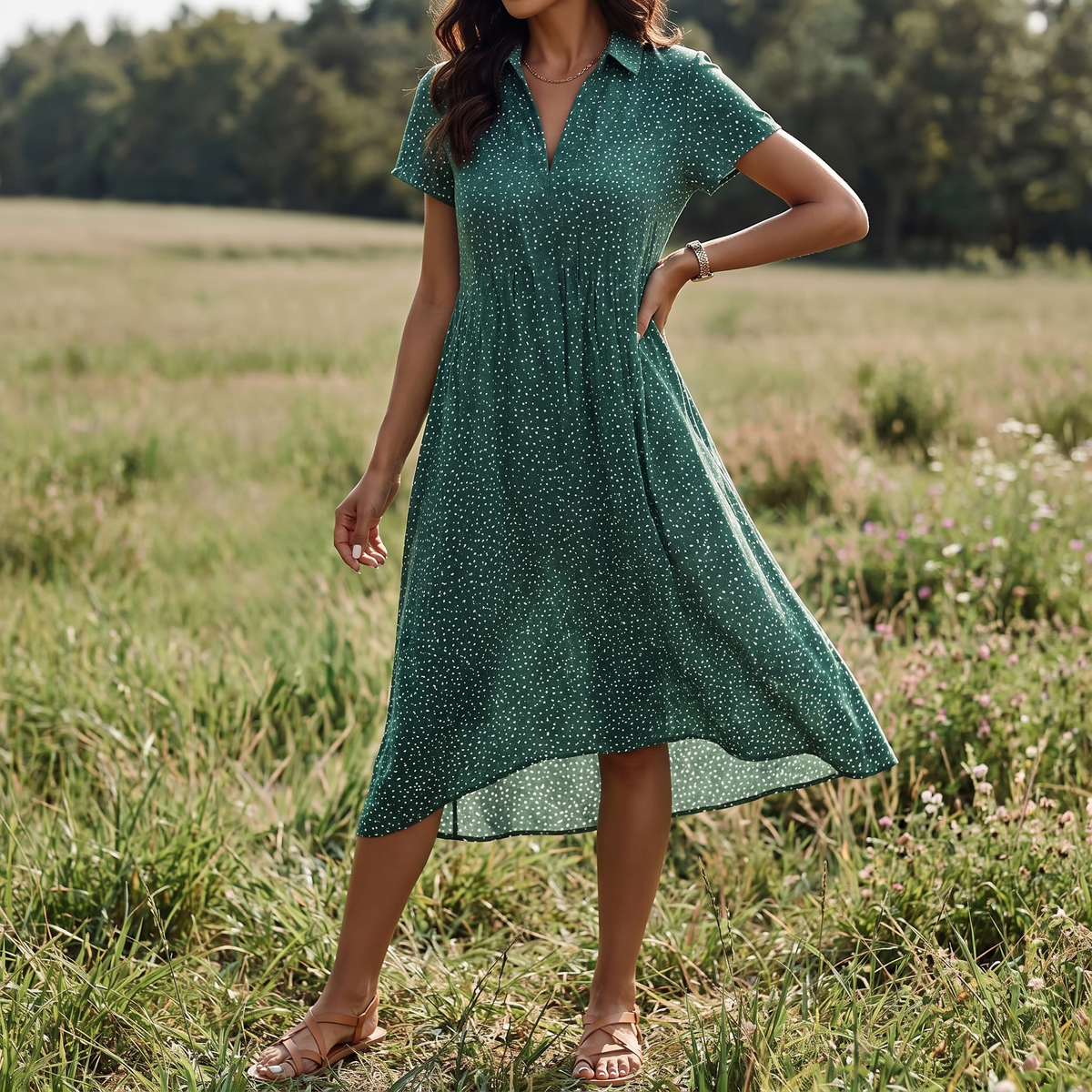 Katoenen doorknoop-midijurk voor dames | Casual zomerkleding