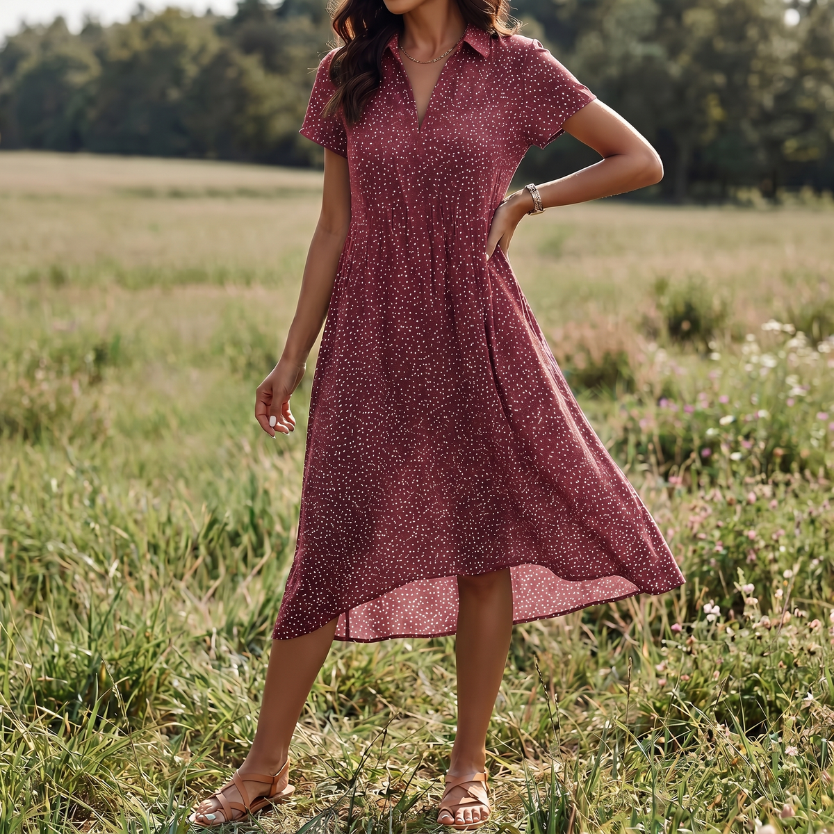Katoenen doorknoop-midijurk voor dames | Casual zomerkleding