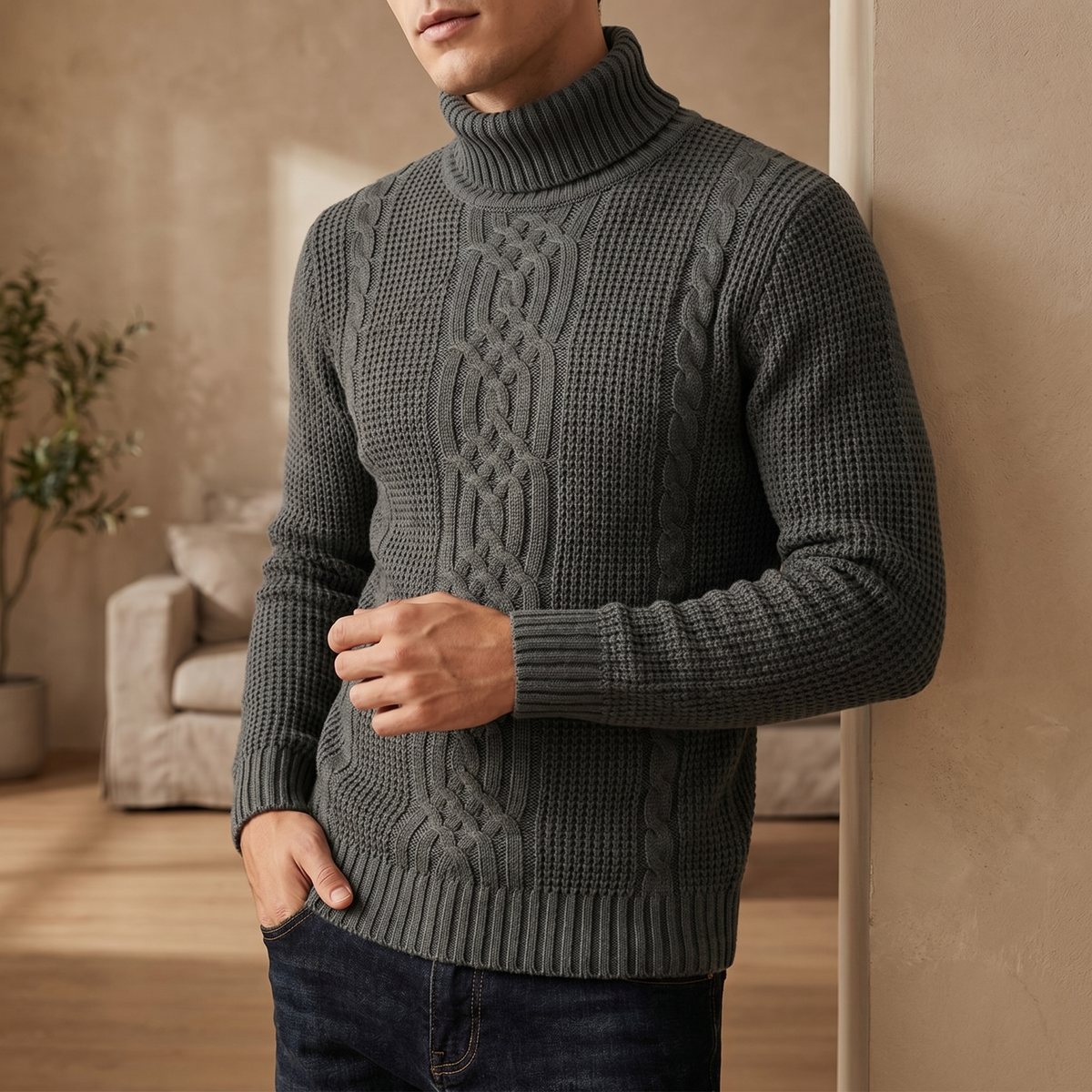 Katoenen gebreide kabeltrui voor heren | Warme casual winterpullover