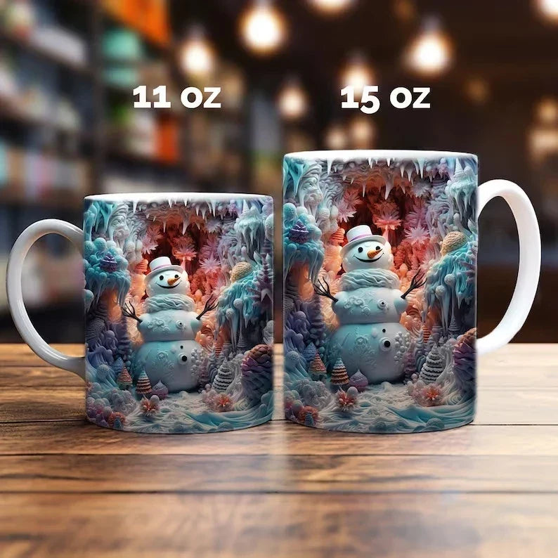 Keramische kerstkoffiemok met 3D-sneeuwpop illusieprint en C-vormig oor