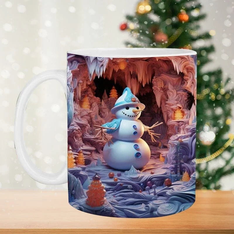 Keramische kerstkoffiemok met 3D-sneeuwpop illusieprint en C-vormig oor