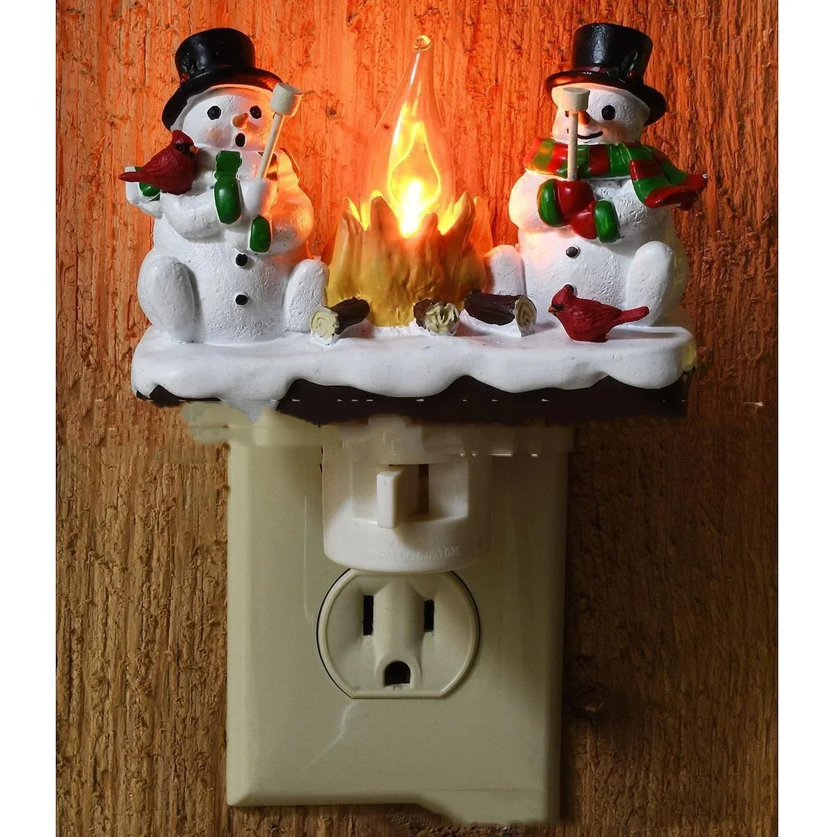 Kerstnachtlampje met sneeuwpop-kampvuurdesign en stekkerbediening
