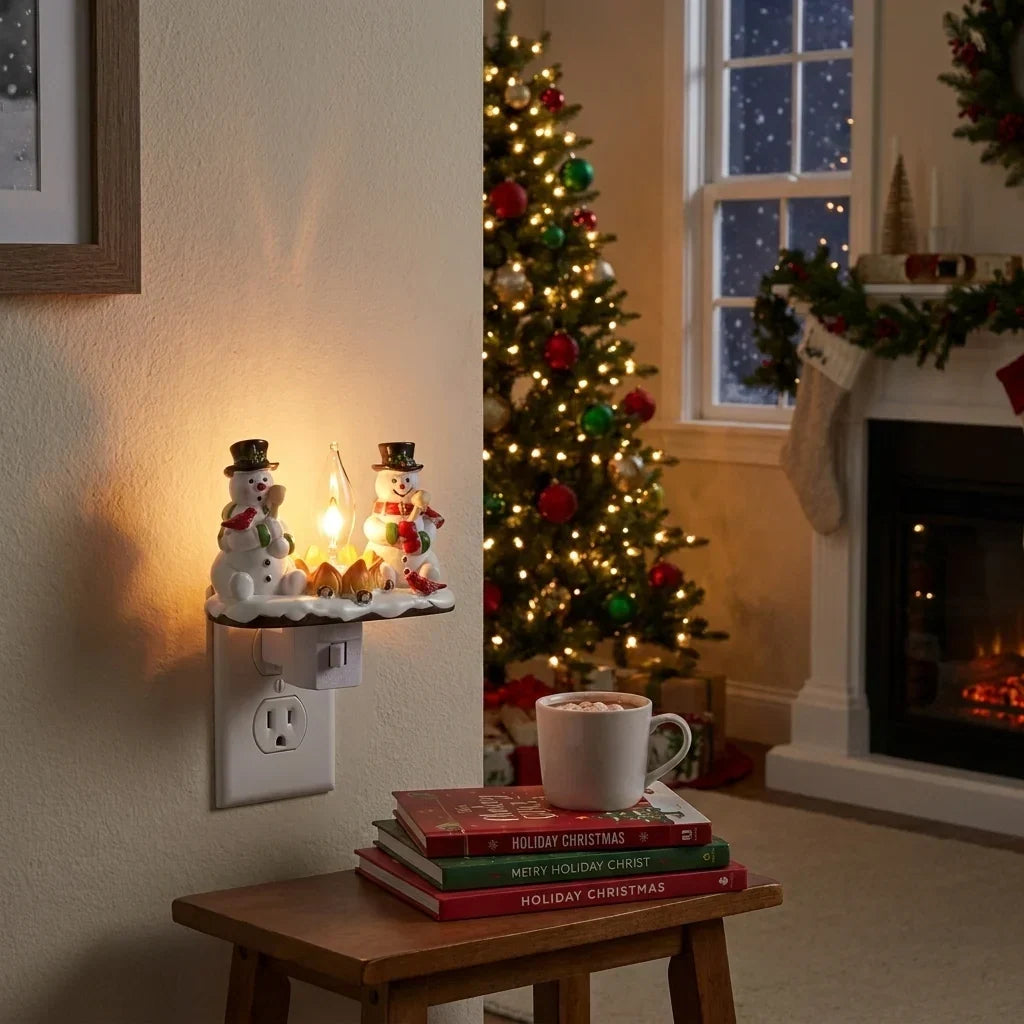 Kerstnachtlampje met sneeuwpop-kampvuurdesign en stekkerbediening