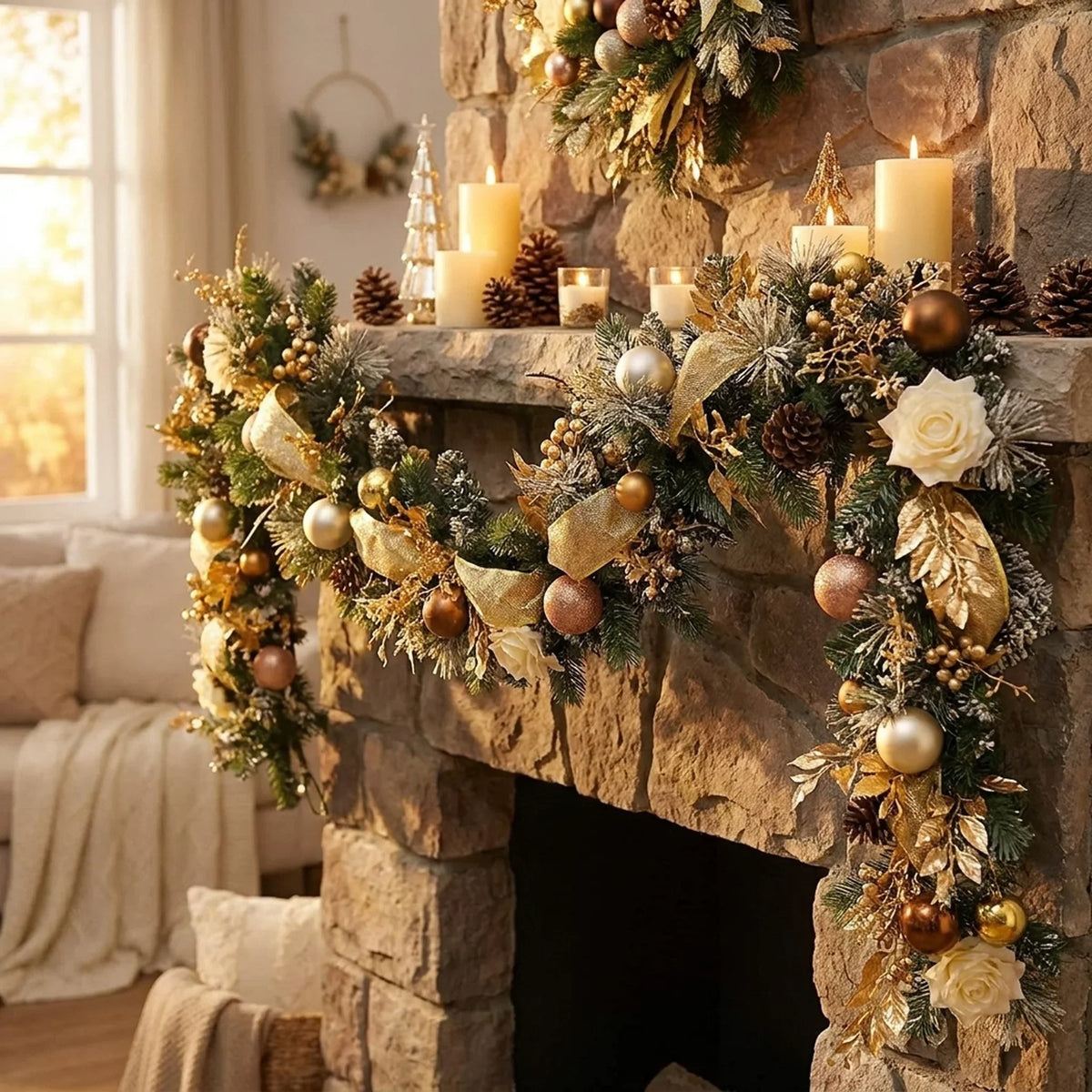 Kerstslinger voor de schouw met decoraties, kunstdennentakken en kunstrozen