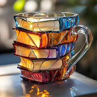 Kleurrijke 3D koffie- en theemok van hars – mok met gestapelde boeken motief en oor