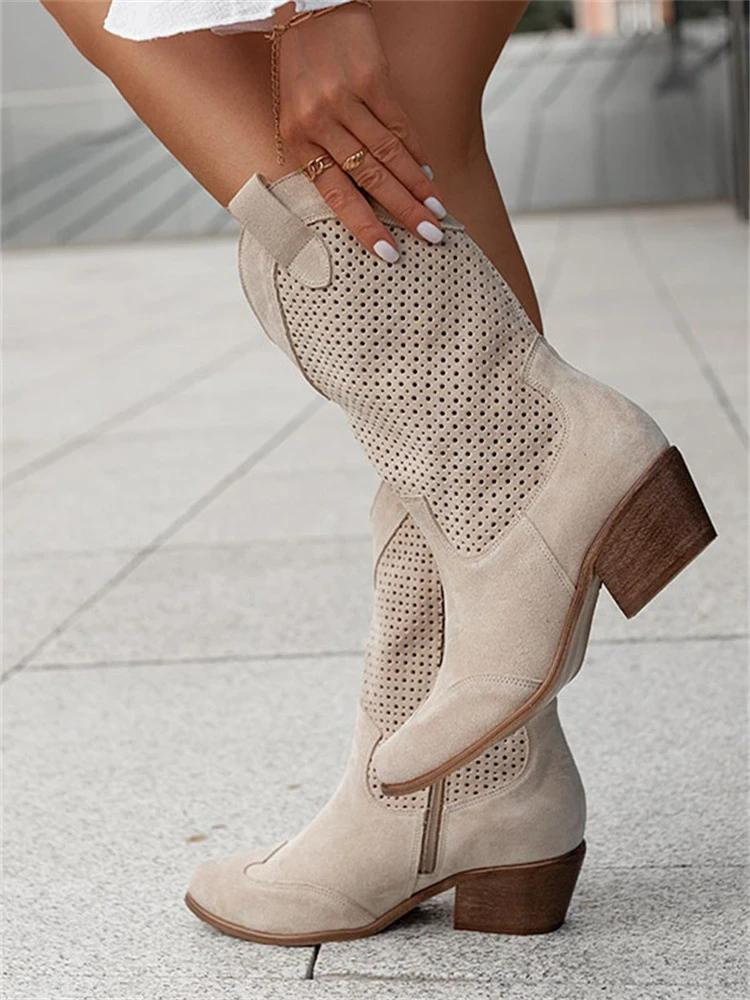 Kniehoge cowgirl laarzen voor dames – Middelhoge hak & borduursels