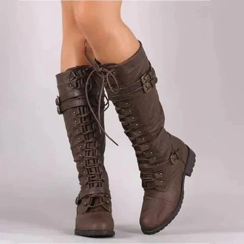 Kniehoge retro veterlaarzen voor dames