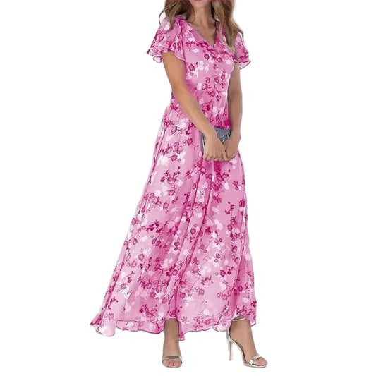 Lange damesjurk met bloemenprint en V-hals
