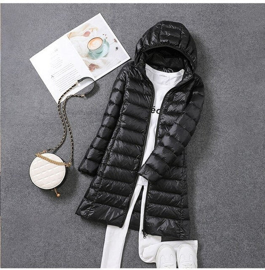 Lange donsjas voor dames met afneembare capuchon