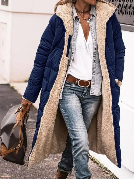 Lange Omkeerbare Fleece Mantel met Capuchon – Warm en Stijlvol voor de Winter