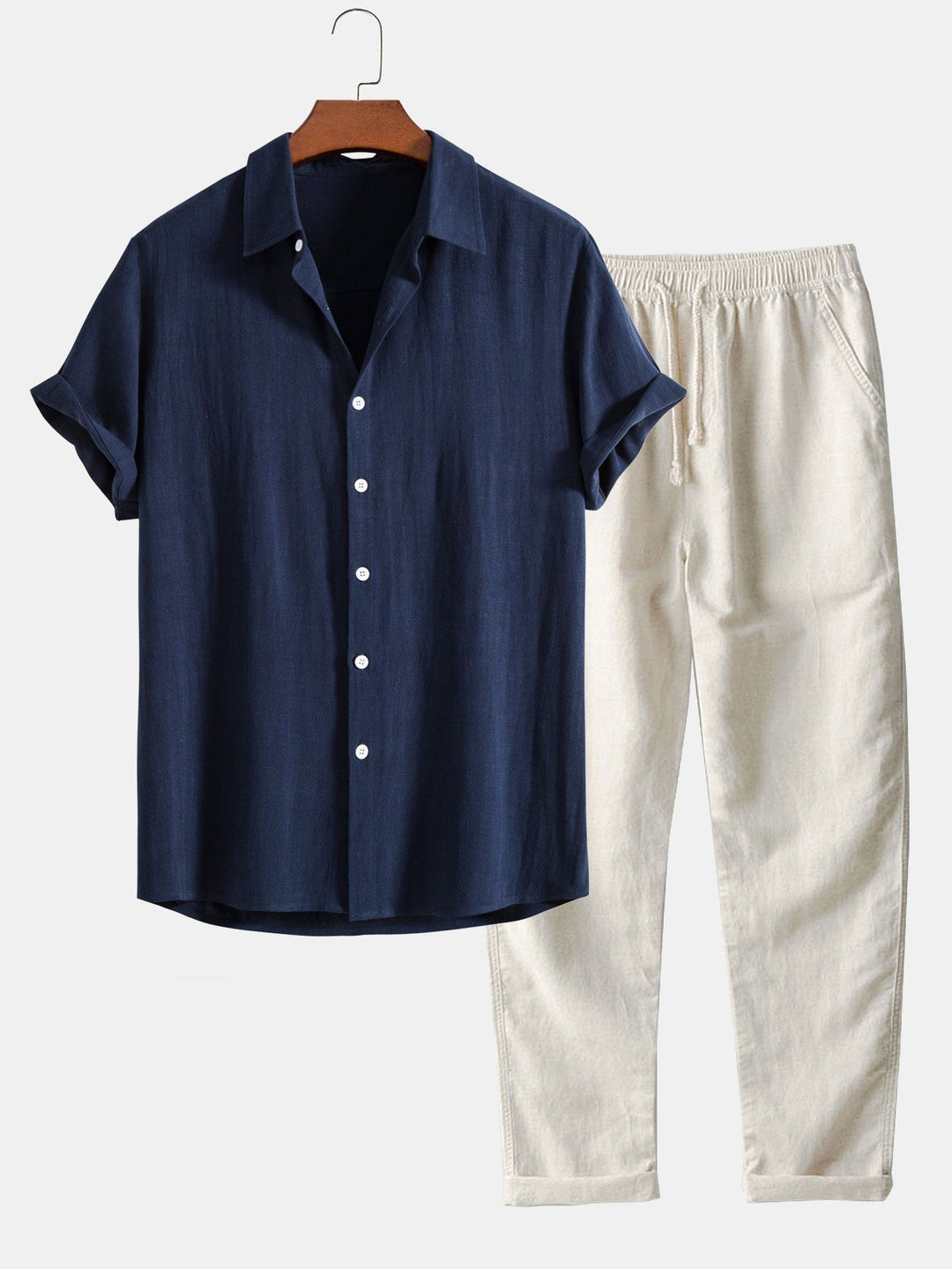 Lichte zomerset voor heren met overhemd met korte mouwen en opstaande kraag en broek
