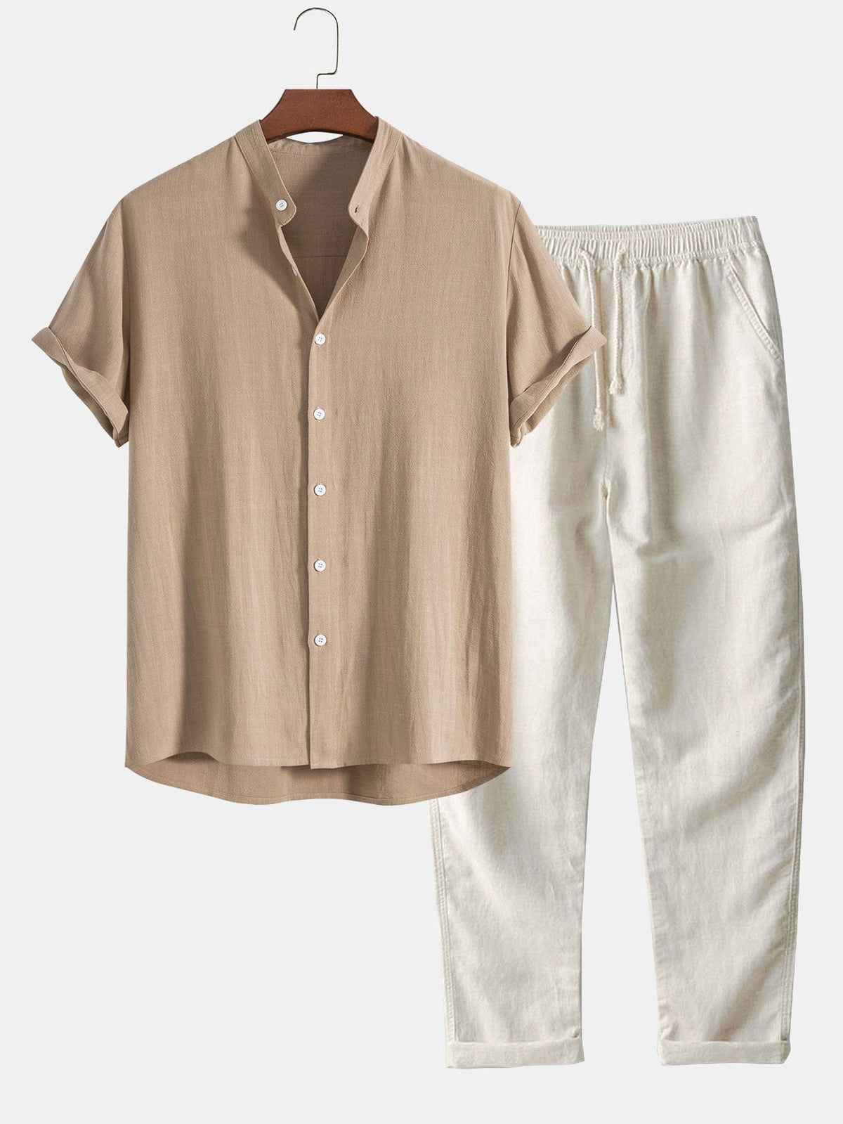 Lichte zomerset voor heren met overhemd met korte mouwen en opstaande kraag en broek