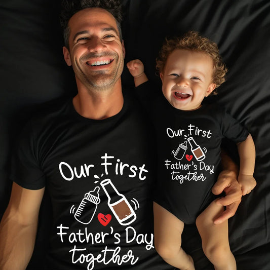 Matching outfits voor vader en baby voor de eerste Vaderdag