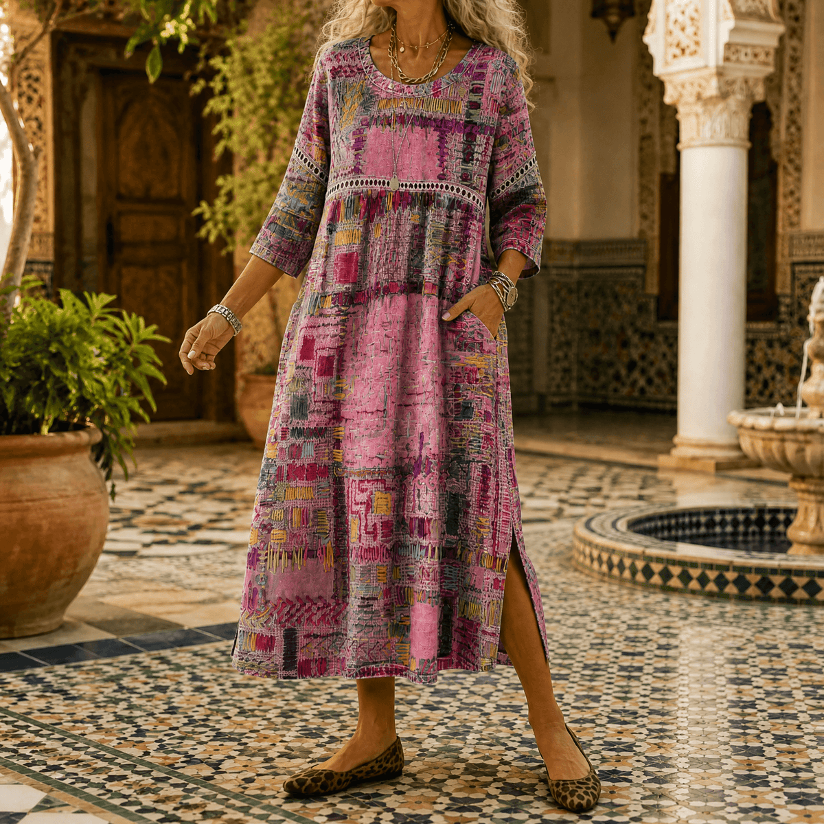 Midi-jurk met schilderachtige patchworkprint