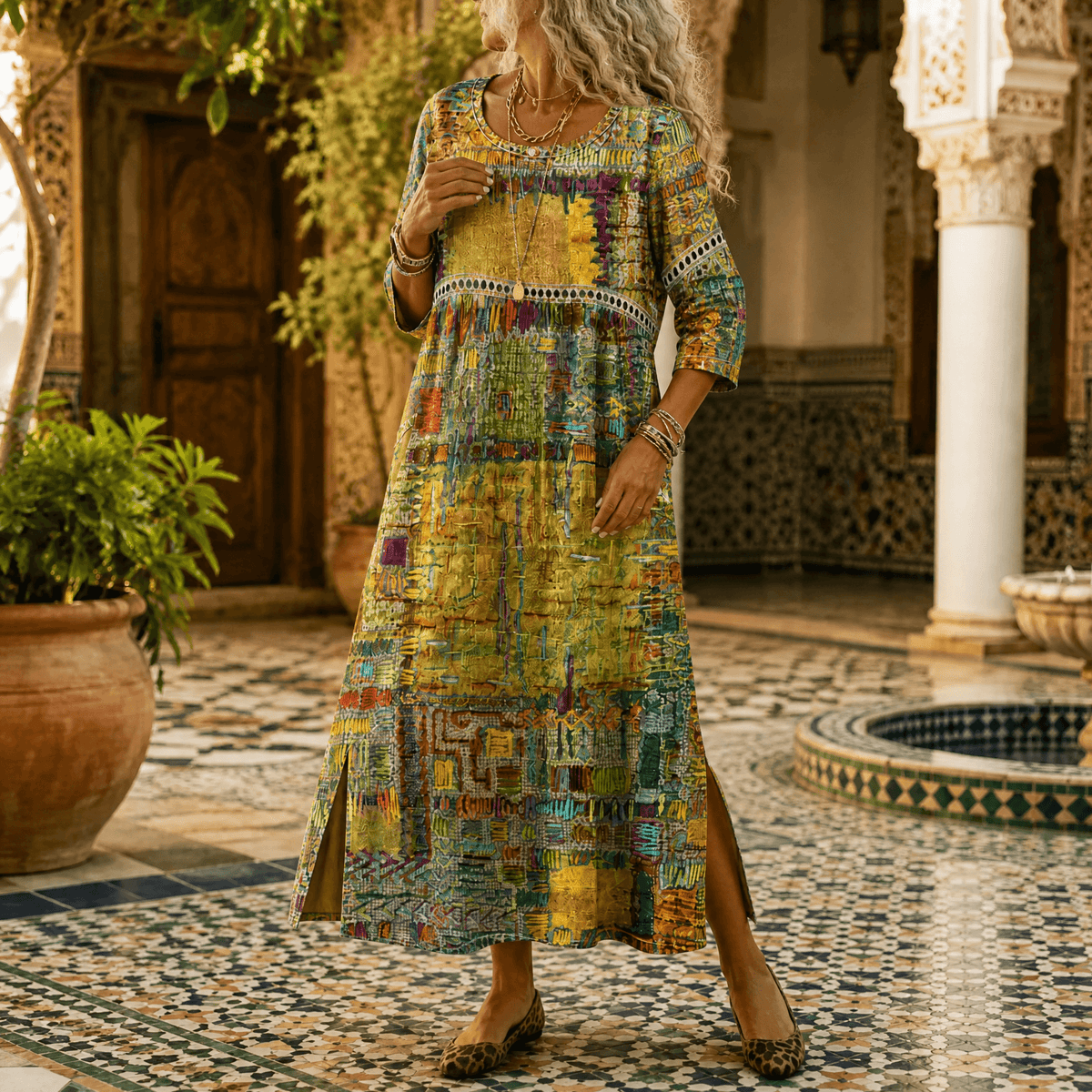 Midi-jurk met schilderachtige patchworkprint