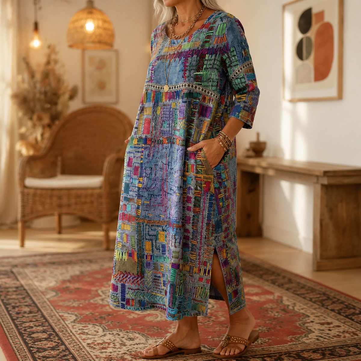 Midi-jurk met schilderachtige patchworkprint