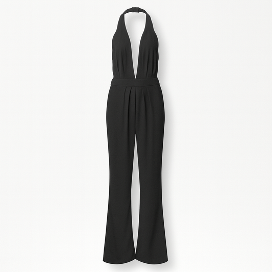 Mouwloze damesjumpsuit met brede pijpen en diepe V-hals