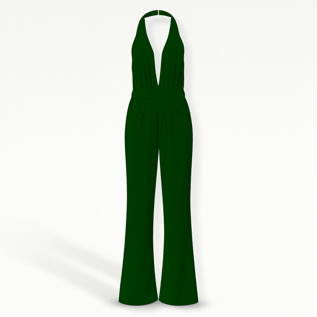 Mouwloze damesjumpsuit met brede pijpen en diepe V-hals