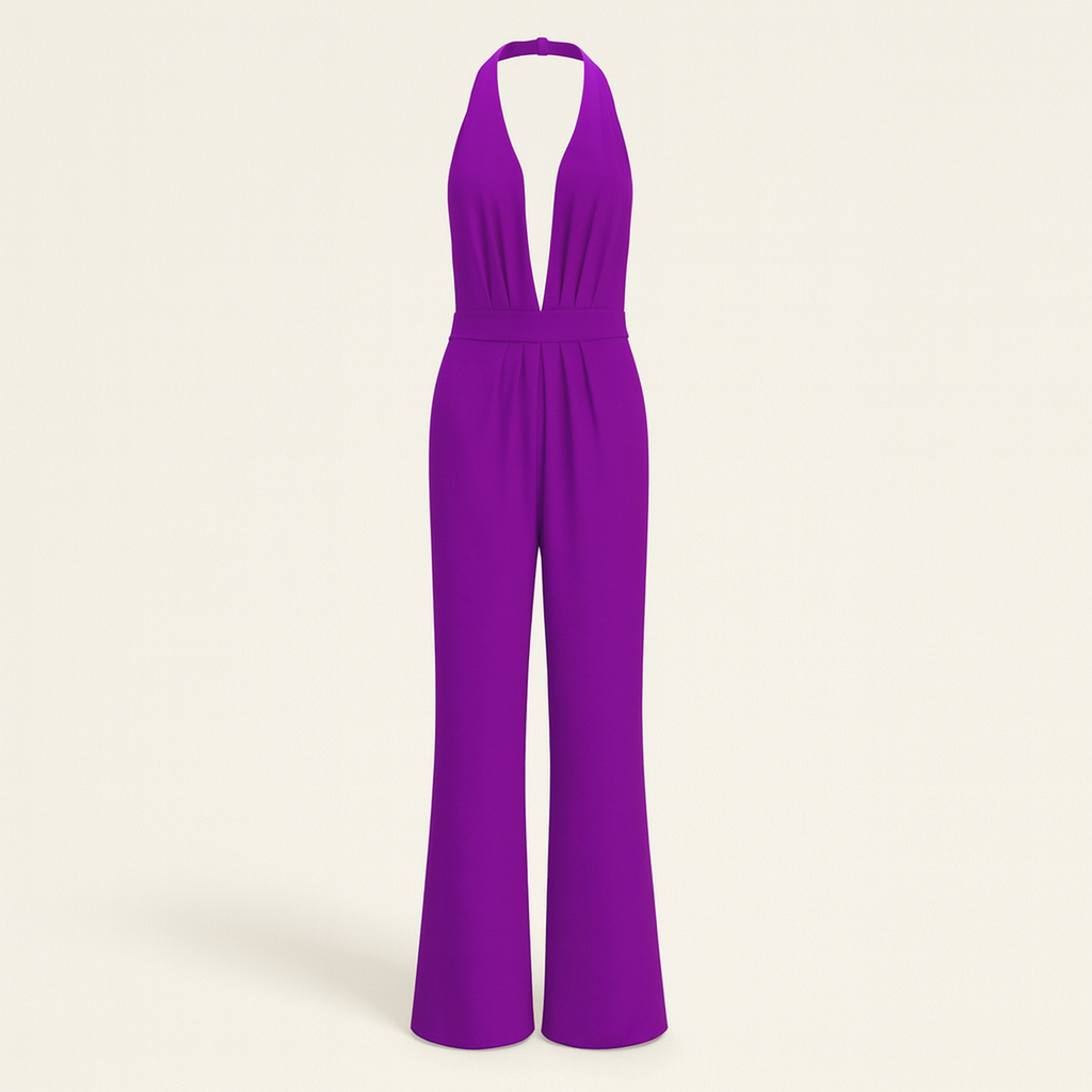 Mouwloze damesjumpsuit met brede pijpen en diepe V-hals