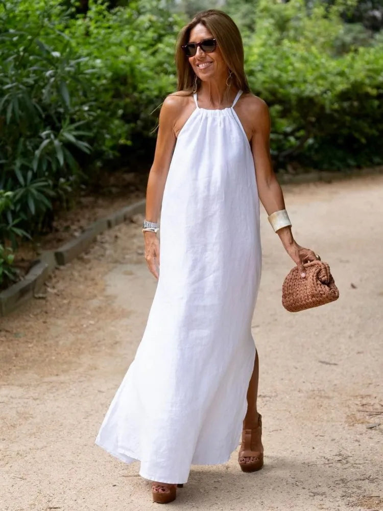 Mouwloze halter-maxi-jurk in A-lijn voor dames