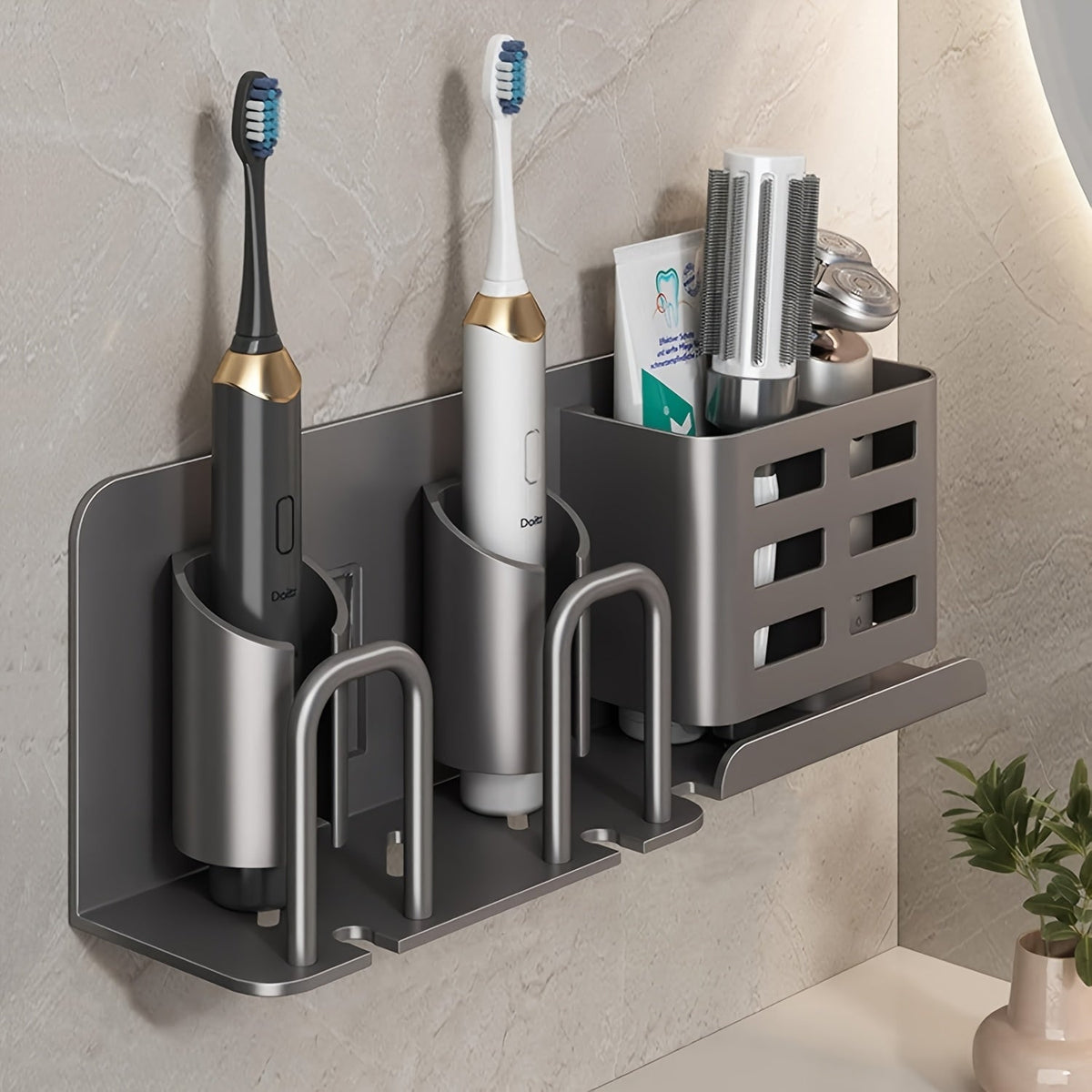 Muurbevestigde elektrische tandenborstelhouder – Aluminium badkamer organizer met afvoergaten