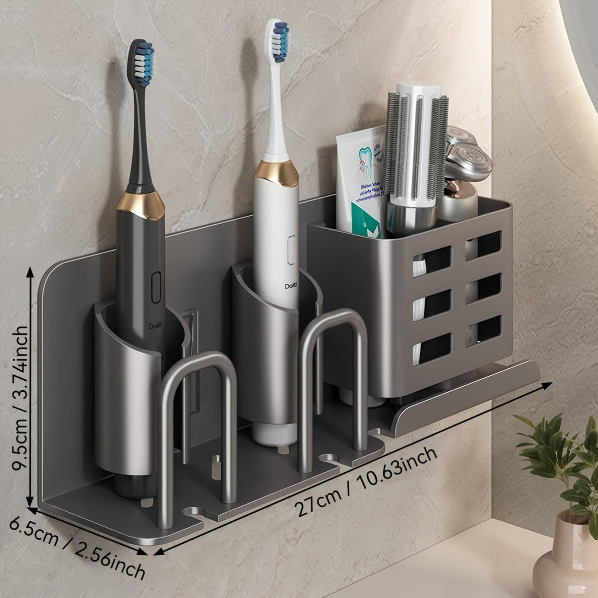 Muurbevestigde elektrische tandenborstelhouder – Aluminium badkamer organizer met afvoergaten