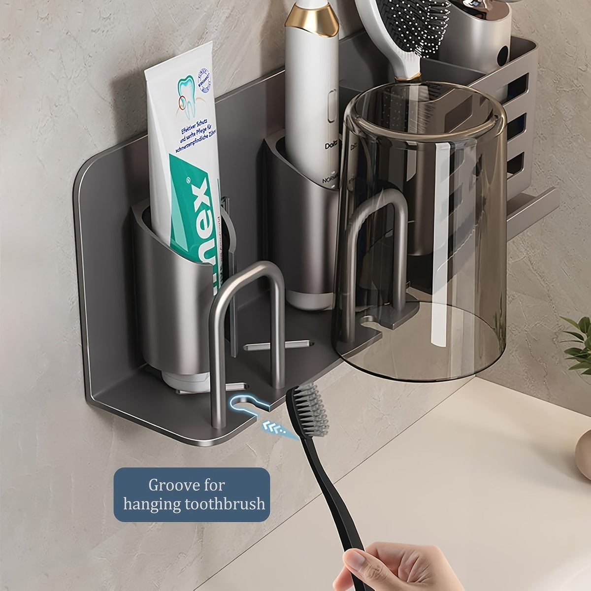 Muurbevestigde elektrische tandenborstelhouder – Aluminium badkamer organizer met afvoergaten