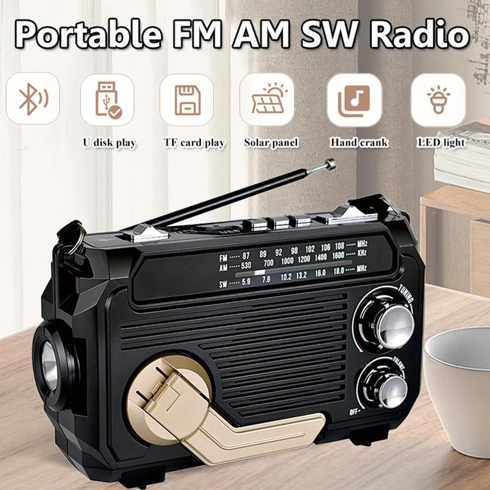 Noodradio met geïntegreerde powerbank – zwengel, zonne-energie en USB-opladen, AM/FM, led-zaklamp en SOS-alarm