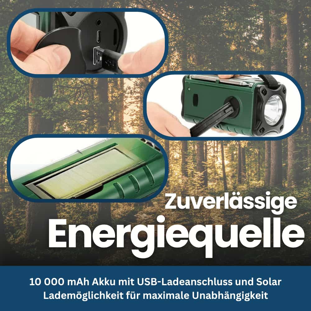 Noodradio op zonne-energie en zwengel met zaklamp