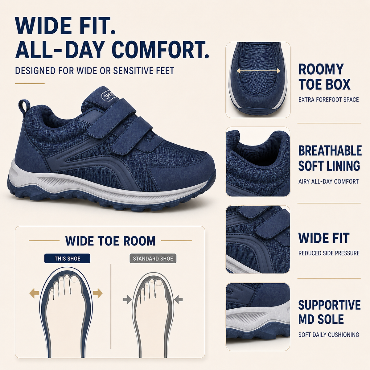 Orthopedische wandelsneakers met brede pasvorm