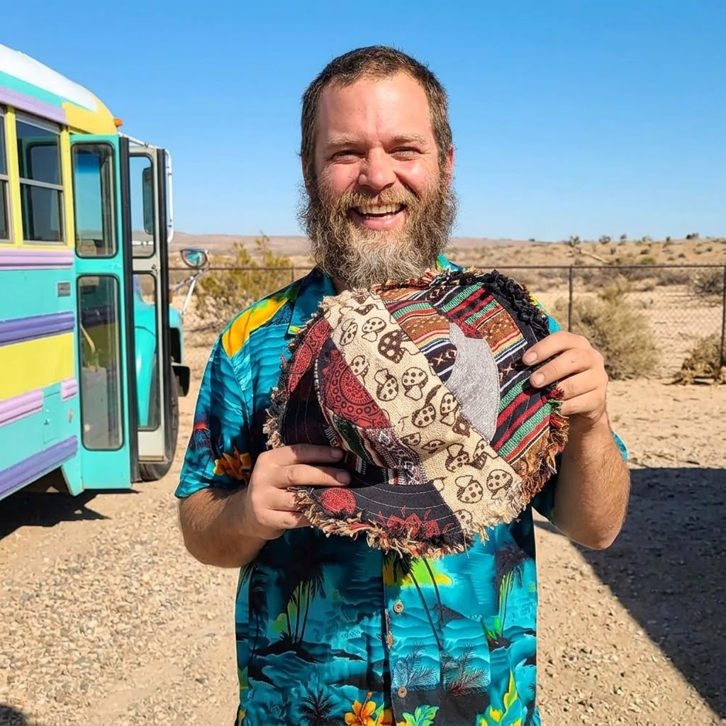 Patchwork vissershoed met paddenstoelenprint en verborgen zakje