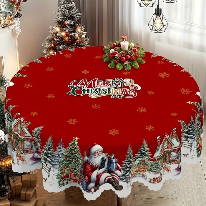 Rond kersttafelkleed met geschulpte rand en feestelijk kerststerdessin