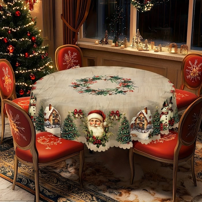 Rond kersttafelkleed met geschulpte rand en feestelijk kerststerdessin