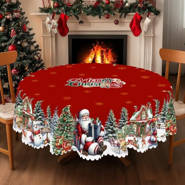 Rond kersttafelkleed met geschulpte rand en feestelijk kerststerdessin