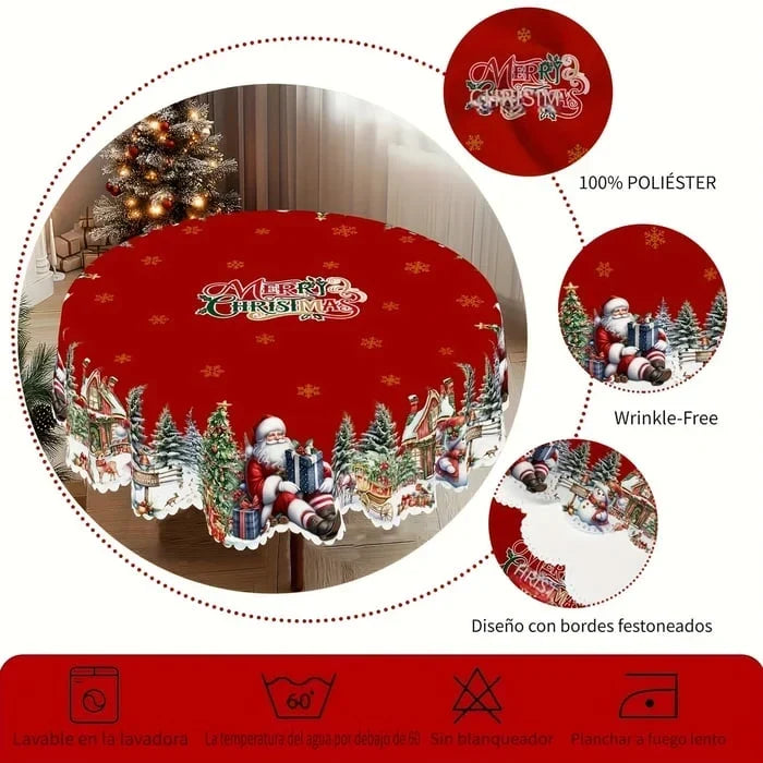 Rond kersttafelkleed met geschulpte rand en feestelijk kerststerdessin
