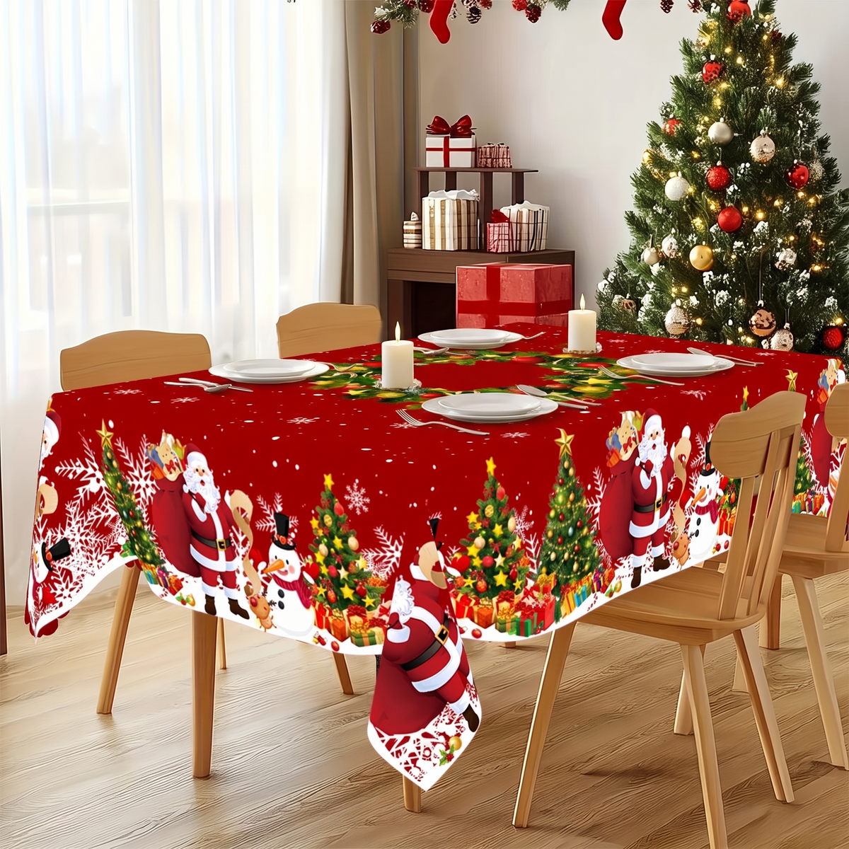 Rood kersttafelkleed met kerstman, sneeuwpop en kerstkrans