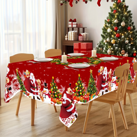 Rood kersttafelkleed met kerstman, sneeuwpop en kerstkrans