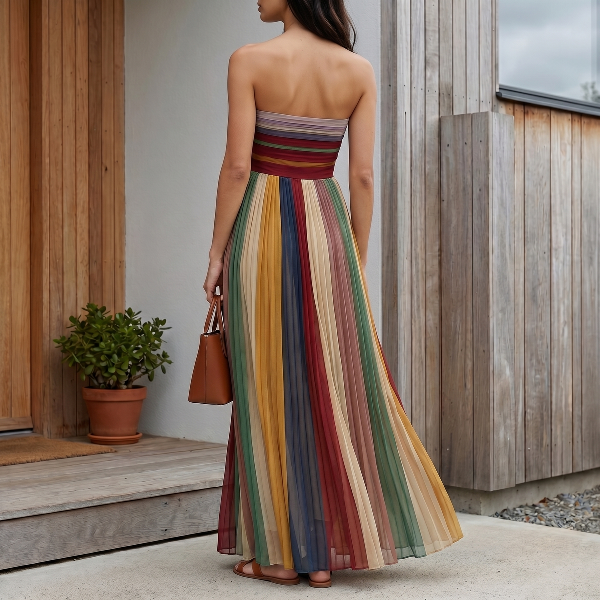 Strapless maxi-jurk voor dames met plooien | Comfortabele zomerjurk met soepelvallende pasvorm