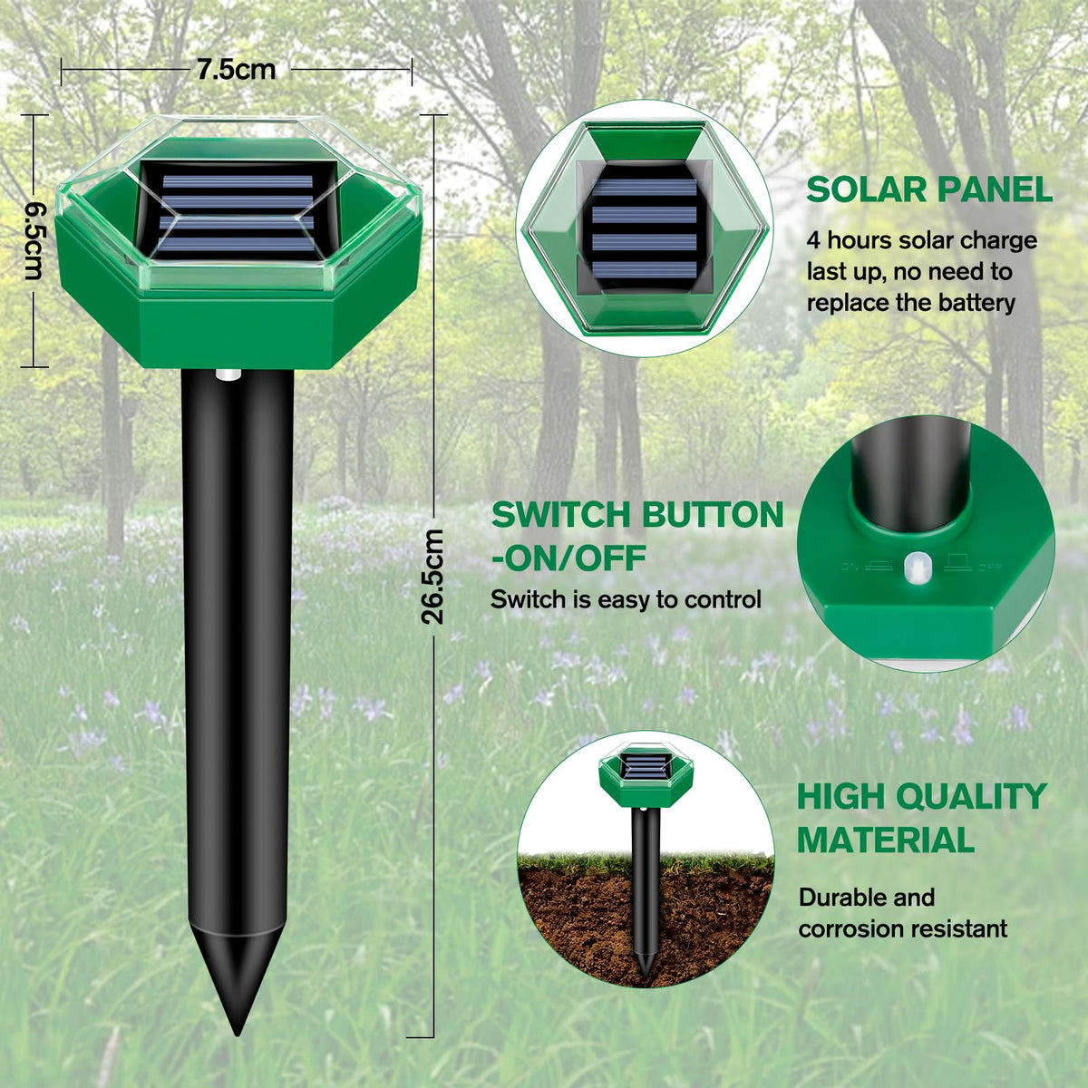 Ultrasone mollenverjager op zonne-energie - Set van 4 - Bereik van 465 m² per stuk - IP65 waterdicht