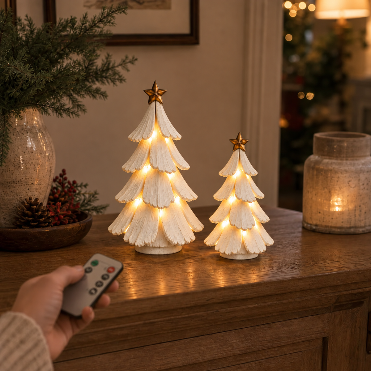 Verlichte kerstboomfiguren in vintagestijl (set van 2 stuks)