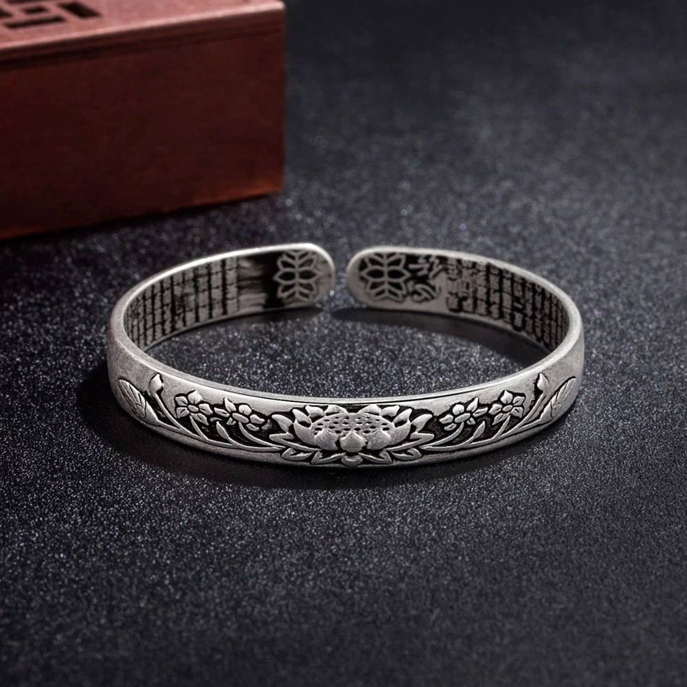 Zilveren Bangle Armband met Lotus en Verstelbaar Design – Hypoallergeen S925 Zilver – Unisex