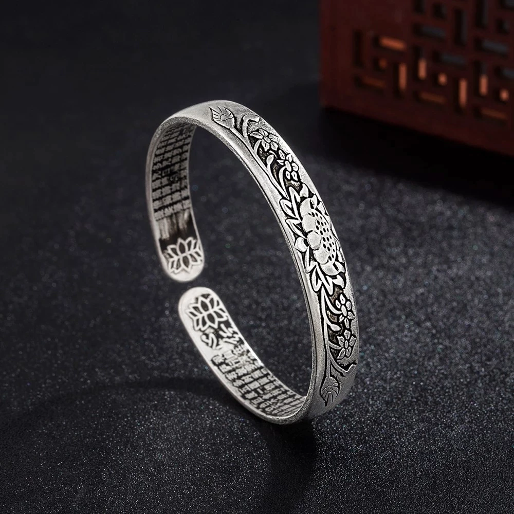 Zilveren Bangle Armband met Lotus en Verstelbaar Design – Hypoallergeen S925 Zilver – Unisex